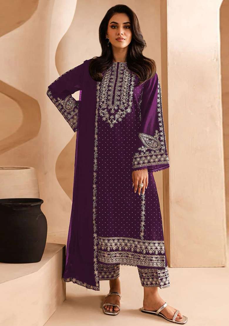 Purple Embroidered Georgette Pakistani Suit Set - Indya