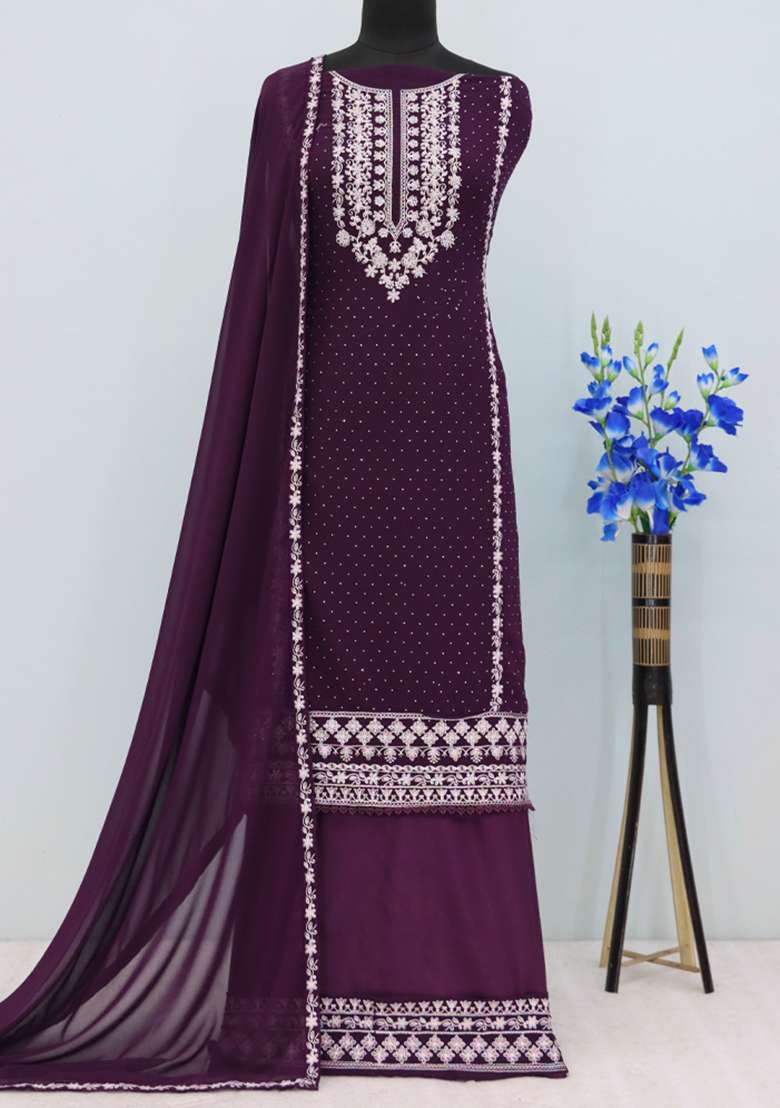 Purple Embroidered Georgette Pakistani Suit Set - Indya