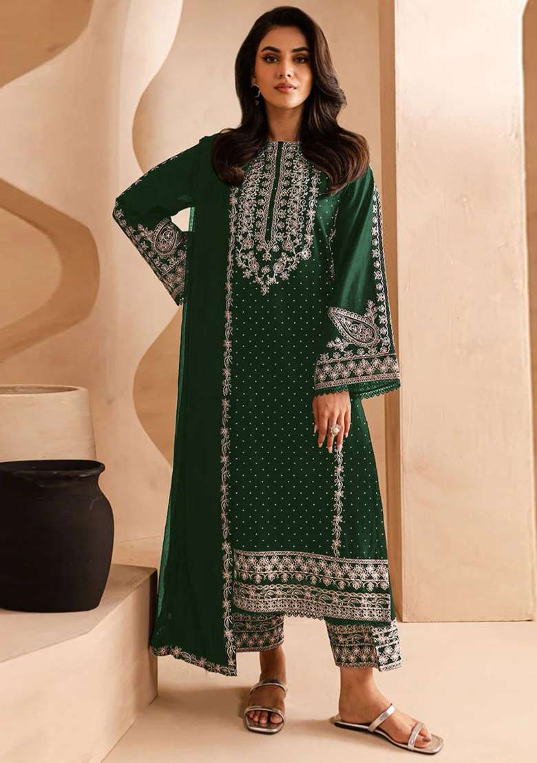 Green Embroidered Georgette Straight Kurta Set - Indya