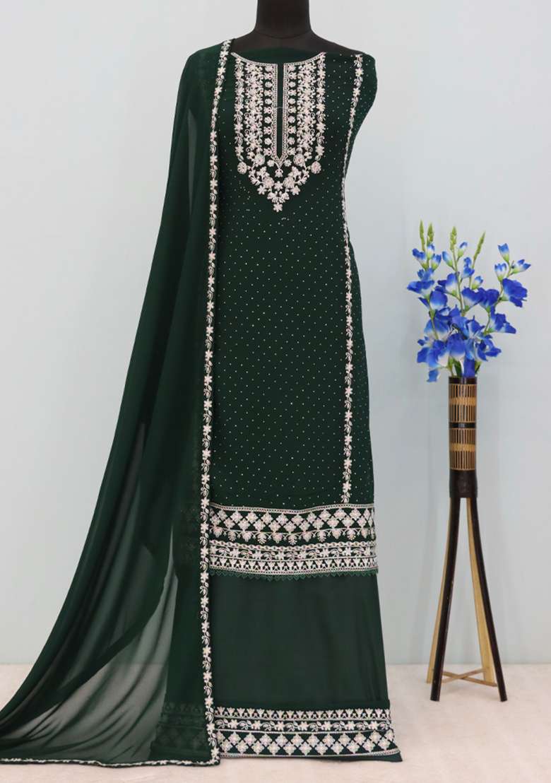 Green Embroidered Georgette Straight Kurta Set - Indya