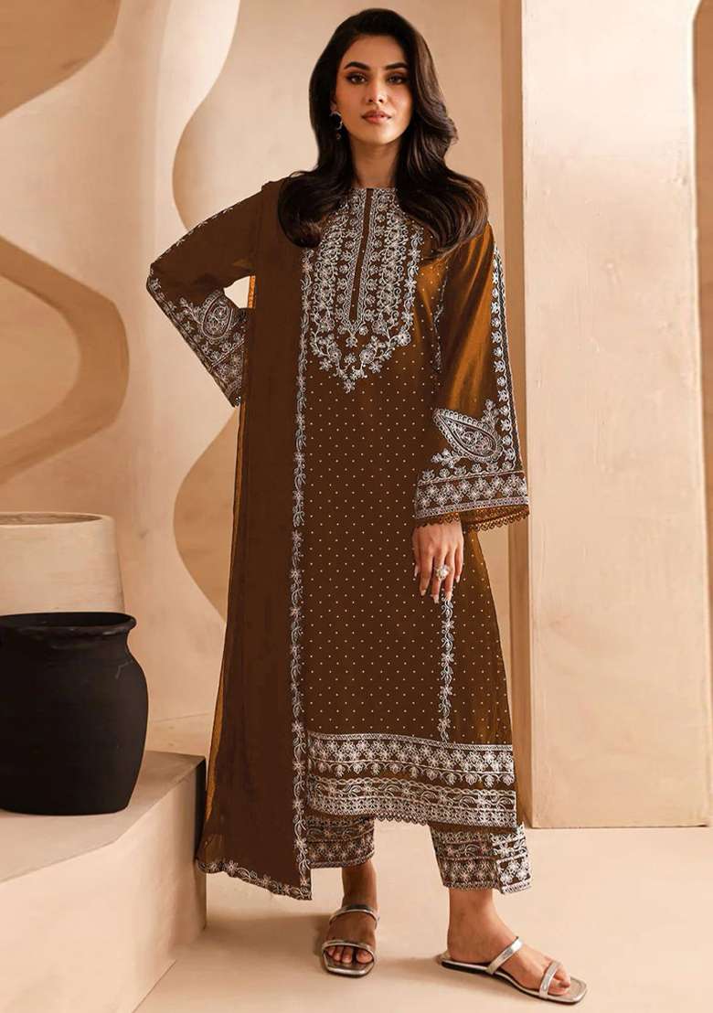 Mustard Yellow Embroidered Georgette Pakistani Suit Set - Indya
