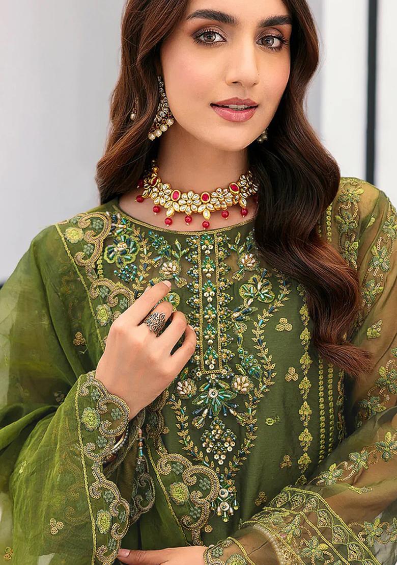 Green Embroidered Organza Pakistani Salwar Kameez With Dupatta