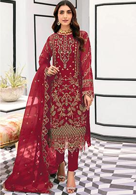Red Embroidered Organza Pakistani Salwar Kameez With Dupatta