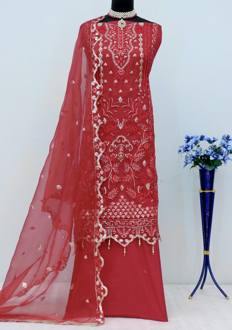 Red Embroidered Organza Pakistani Salwar Kameez With Dupatta