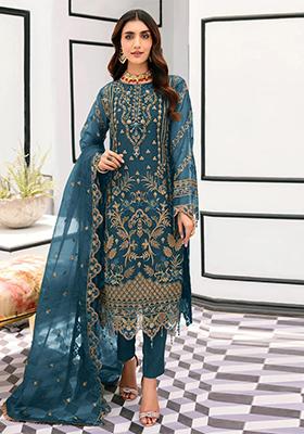Blue Embroidered Organza Pakistani Salwar Kameez With Dupatta