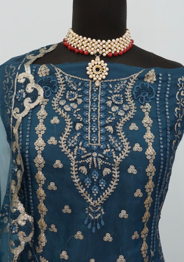 Blue Embroidered Organza Pakistani Salwar Kameez With Dupatta