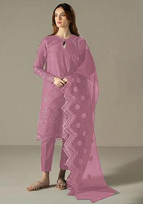 Pink Embroidered Cotton Pakistani Salwar Kameez With Dupatta