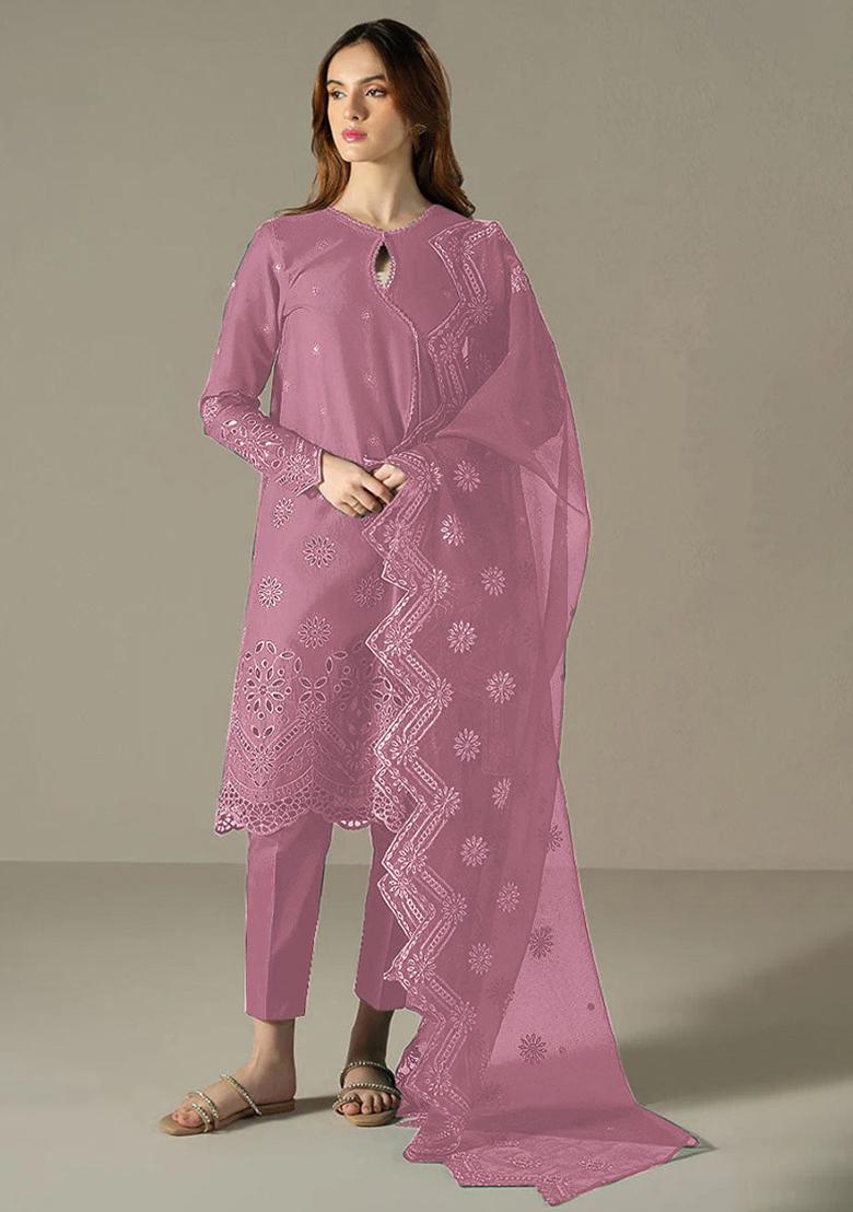 Pink Embroidered Cotton Pakistani Salwar Kameez With Dupatta