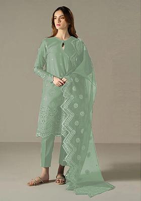 Pista Green Embroidered Cotton Pakistani Salwar Kameez With Dupatta