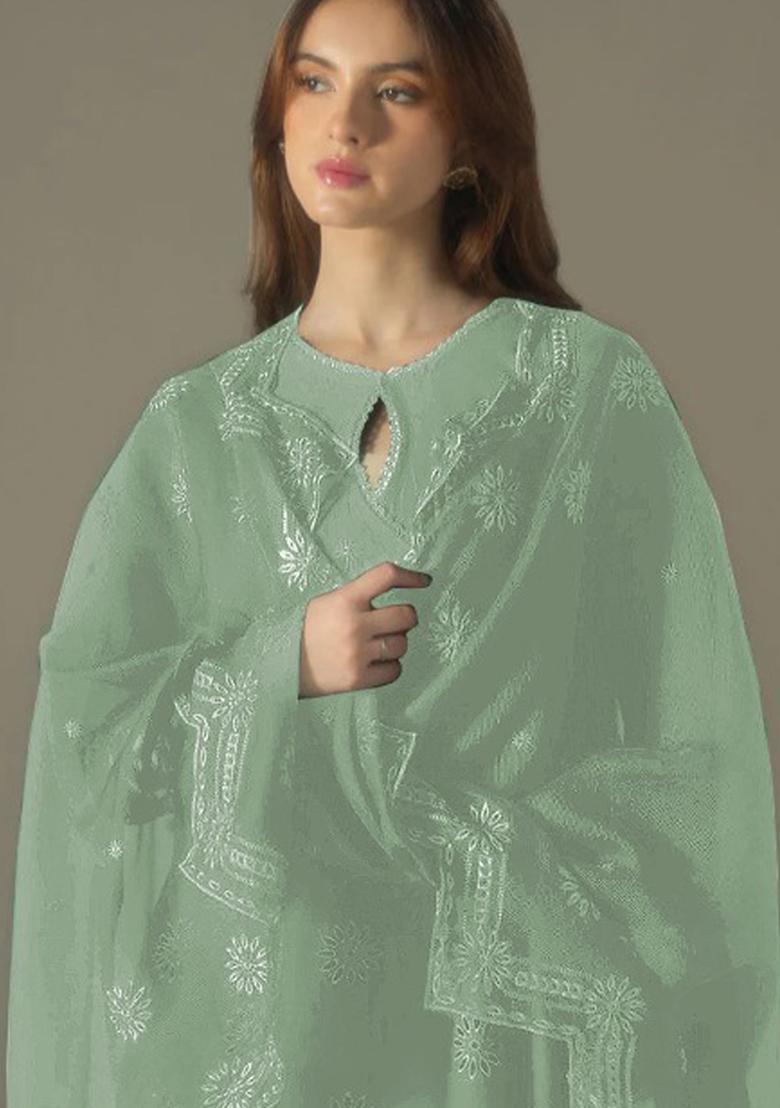 Pista Green Embroidered Cotton Pakistani Salwar Kameez With Dupatta