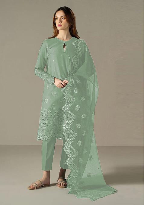 Pista Green Embroidered Cotton Pakistani Salwar Kameez With Dupatta