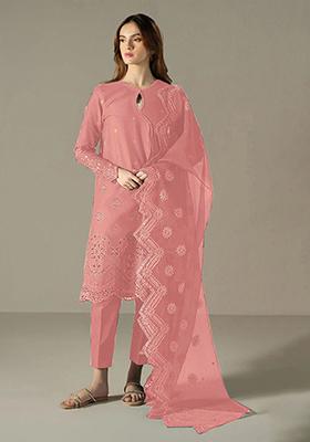 Peach Embroidered Cotton Pakistani Salwar Kameez With Dupatta