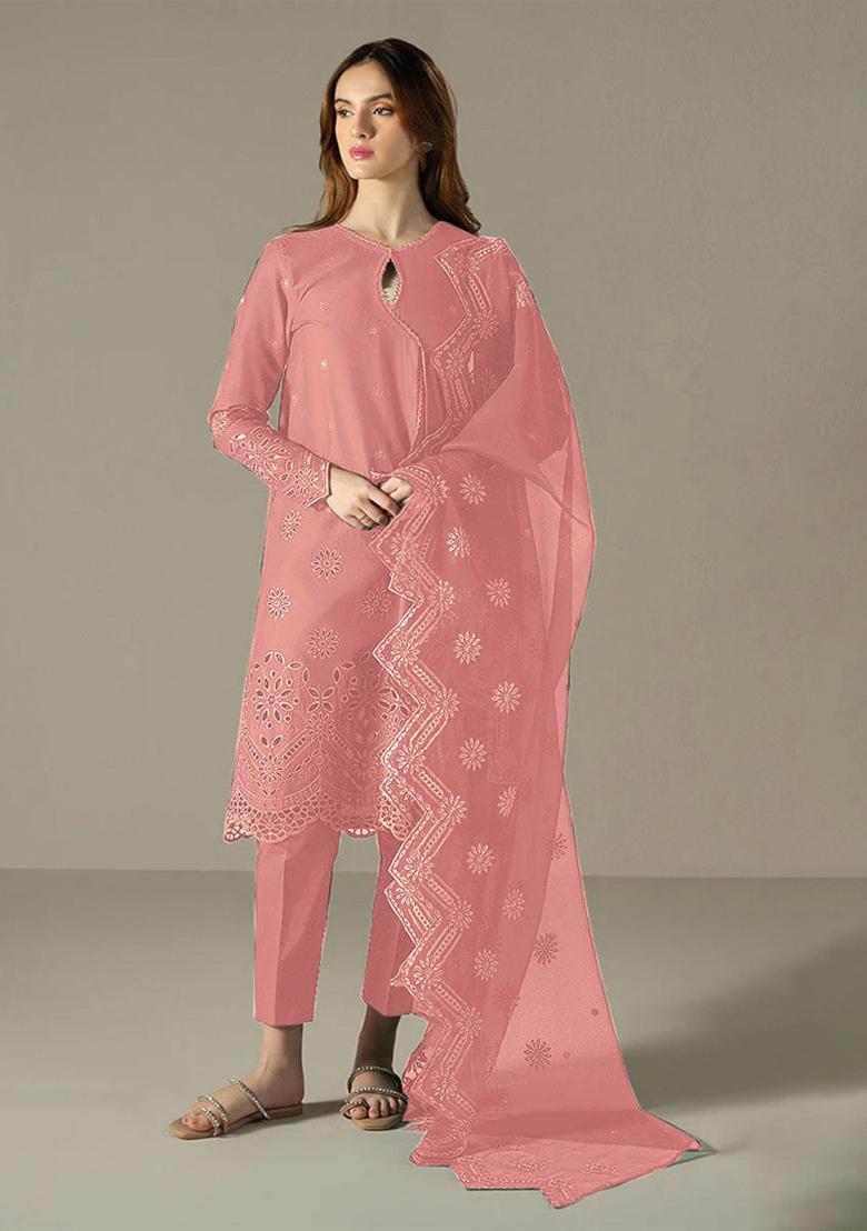 Peach Embroidered Cotton Pakistani Salwar Kameez With Dupatta