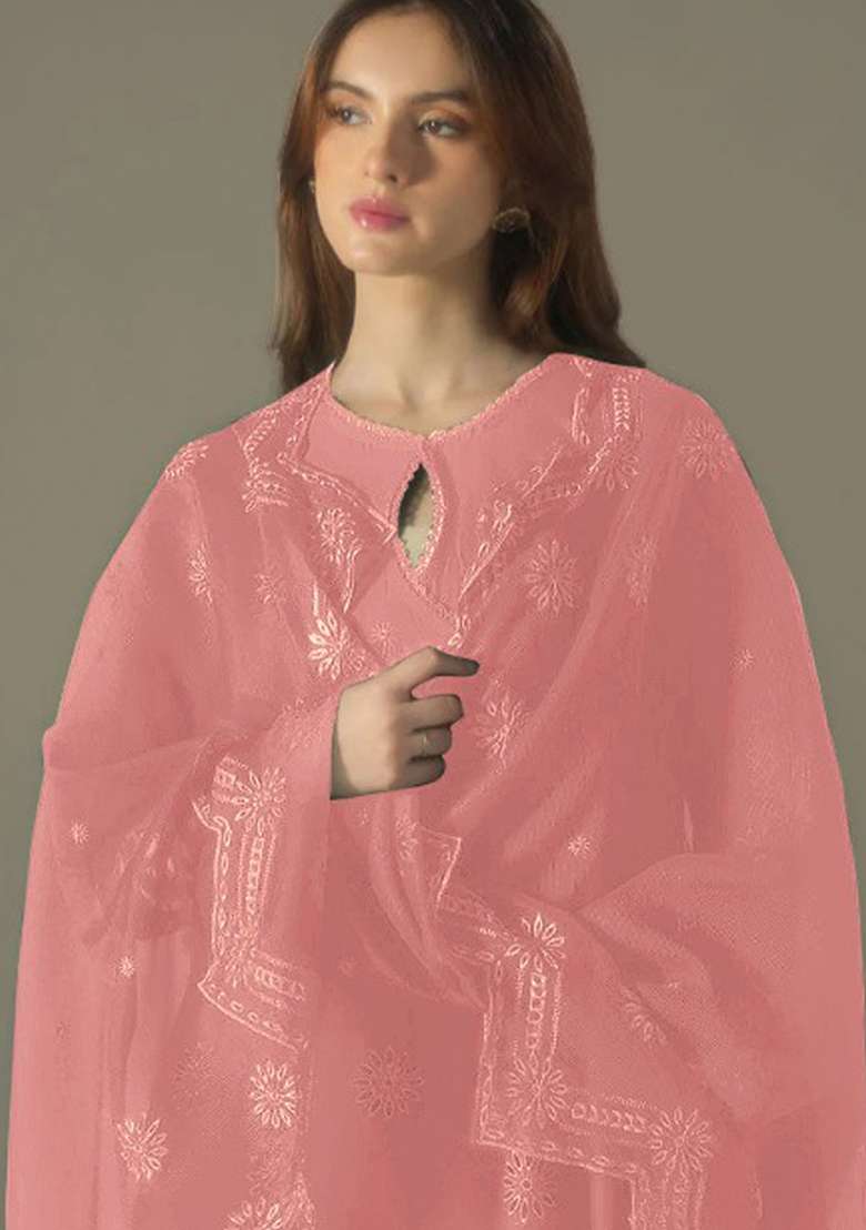 Peach Chikankari Cotton Straight Kurta Set - Indya