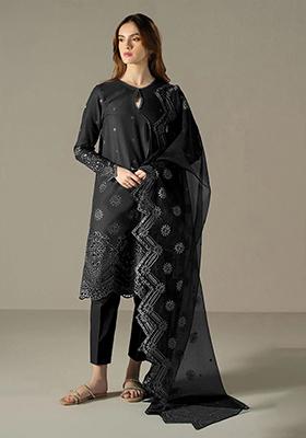 Black Embroidered Cotton Pakistani Salwar Kameez With Dupatta