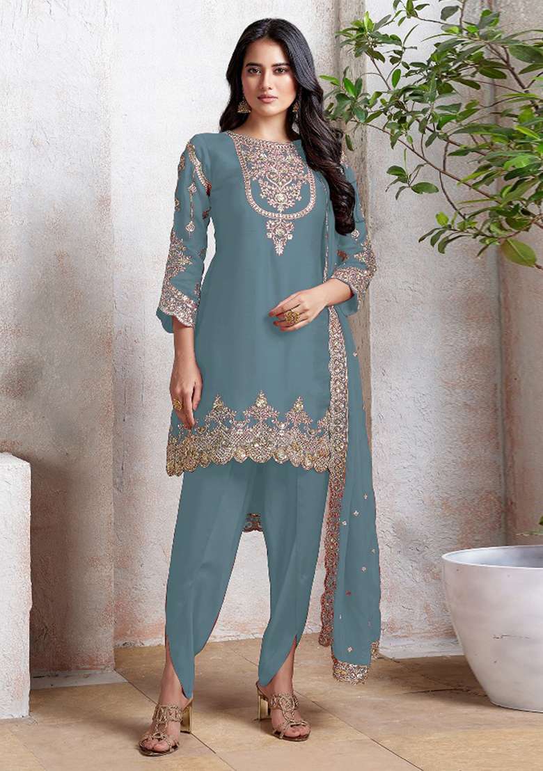 Sky Blue Embroidered Georgette Pakistani Suit Set - Indya