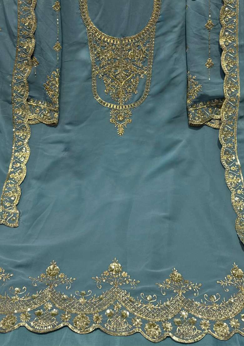 Sky Blue Embroidered Georgette Pakistani Suit Set - Indya