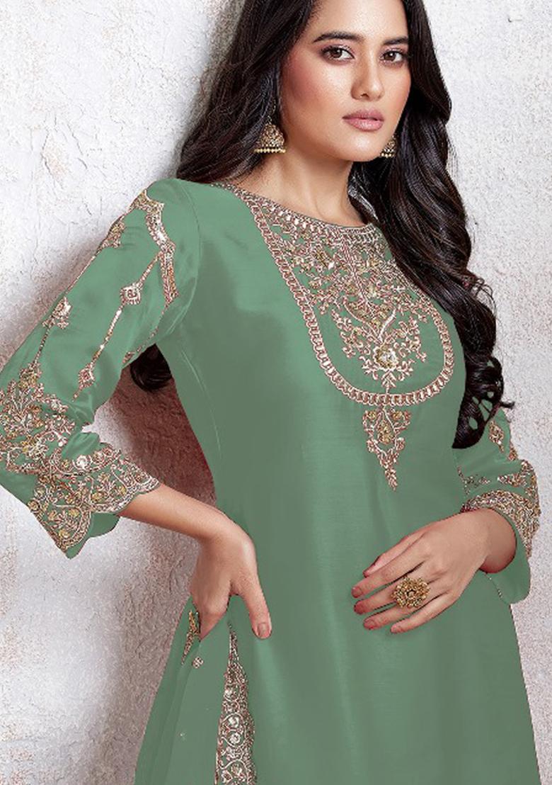 Pista Green Embroidered Georgette Salwar Kameez With Dupatta