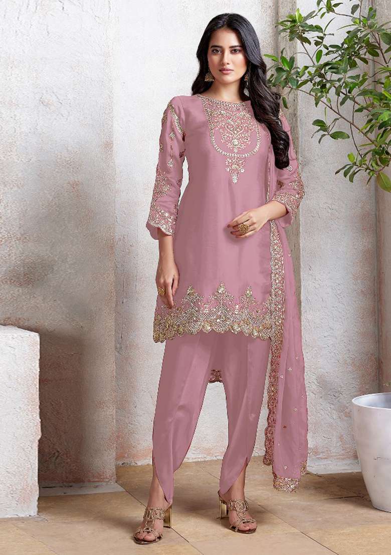 Pink Embroidered Georgette Pakistani Suit Set - Indya