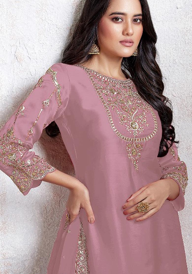 Pink Embroidered Georgette Salwar Kameez With Dupatta
