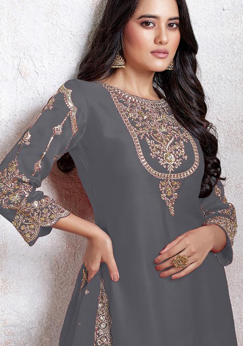 Grey Embroidered Georgette Salwar Kameez With Dupatta