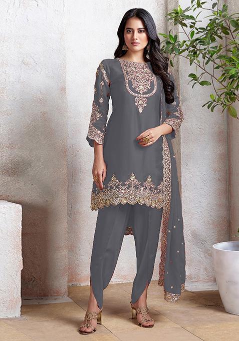 Grey Embroidered Georgette Salwar Kameez With Dupatta