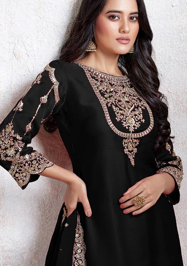 Black Embroidered Georgette Salwar Kameez With Dupatta