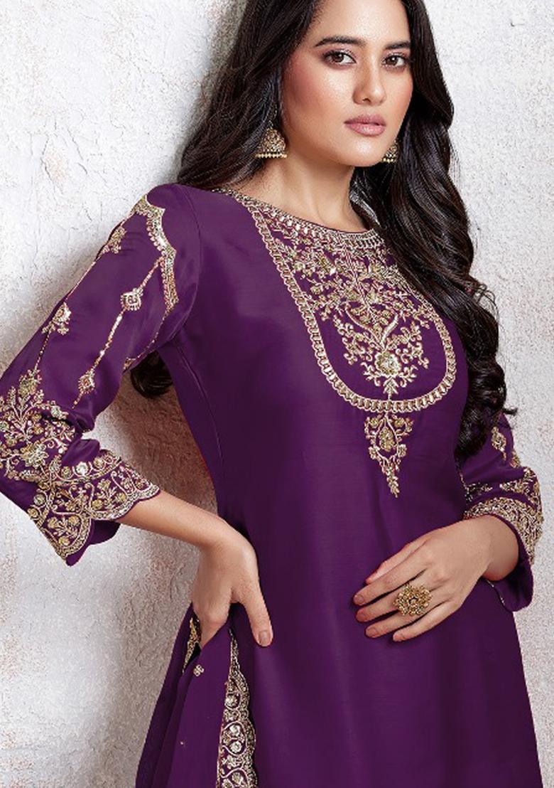 Purple Embroidered Georgette Salwar Kameez With Dupatta