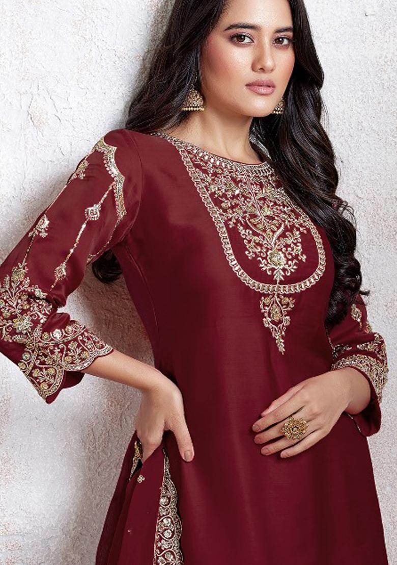 Maroon Embroidered Georgette Salwar Kameez With Dupatta