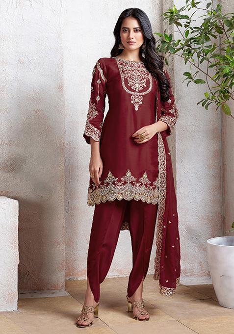 Maroon Embroidered Georgette Salwar Kameez With Dupatta
