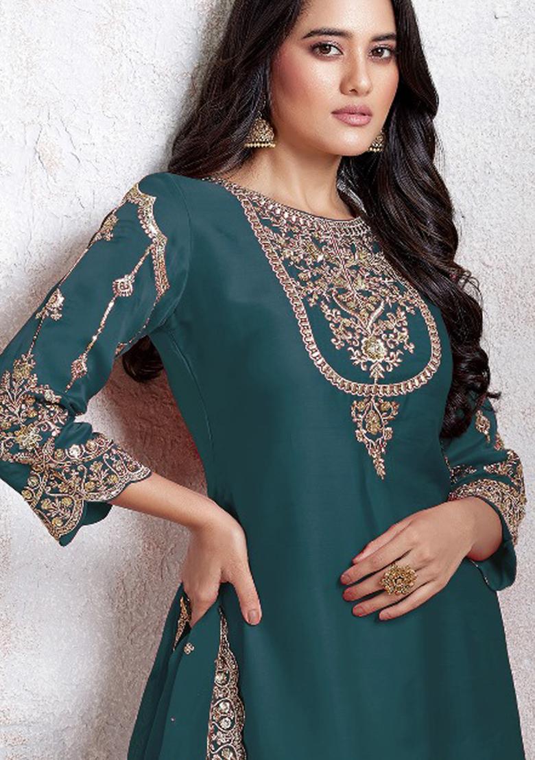 Teal Blue Embroidered Georgette Salwar Kameez With Dupatta