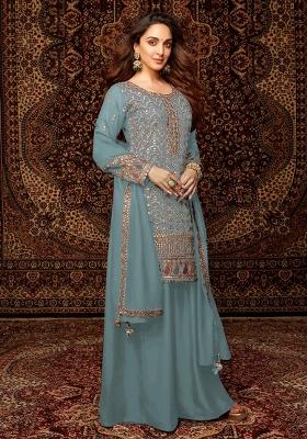 Sky Blue Embroidered Chinnon Sharara Set With Dupatta