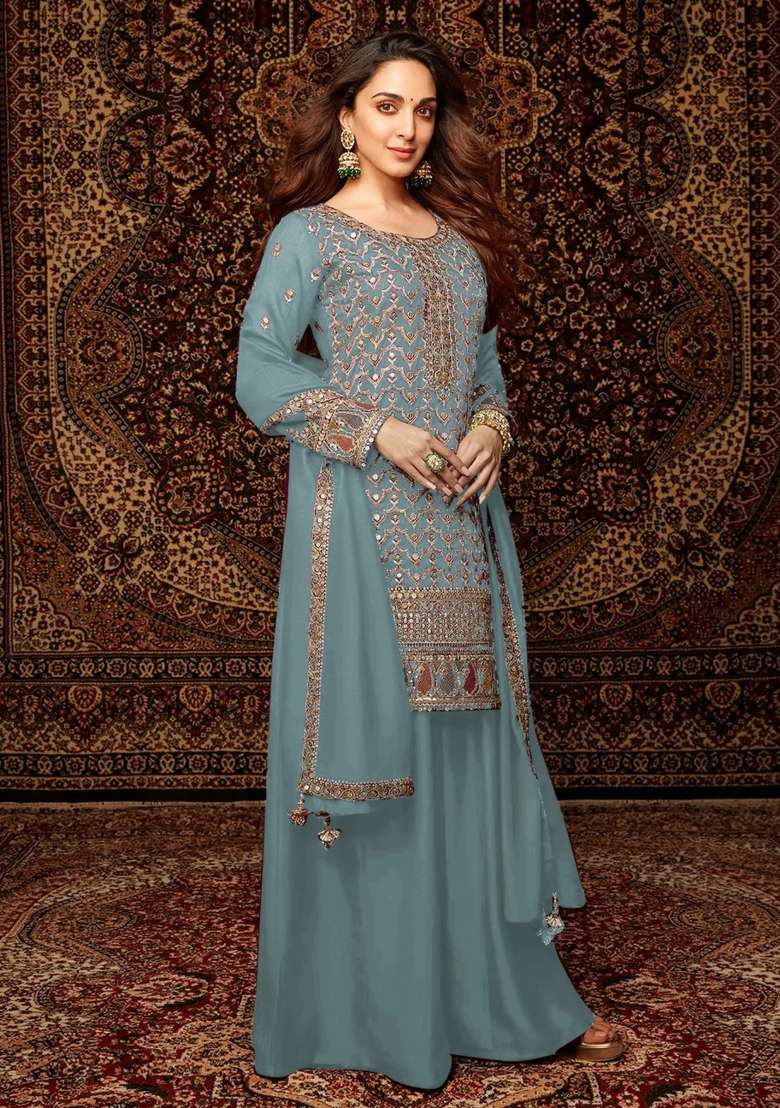 Sky Blue Embroidered Chinnon Sharara Set With Dupatta - Indya