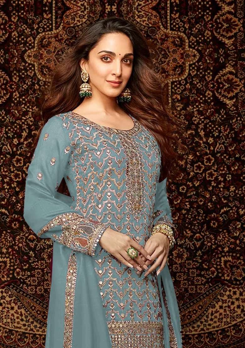 Sky Blue Embroidered Chinnon Sharara Set With Dupatta - Indya