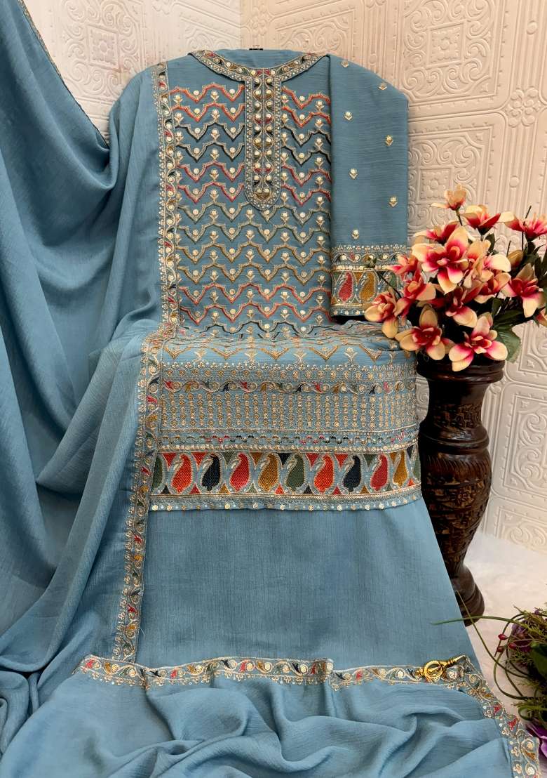 Sky Blue Embroidered Chinnon Sharara Set With Dupatta - Indya