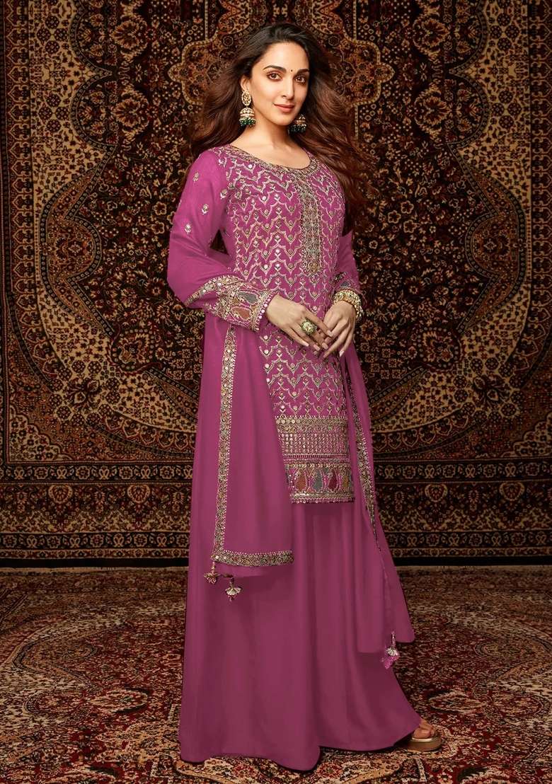 Pink Embroidered Chinnon Sharara Set With Dupatta - Indya