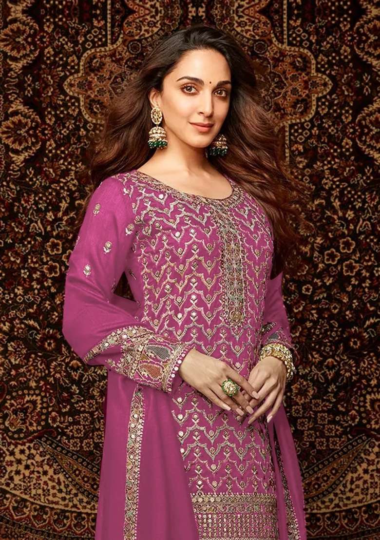 Pink Embroidered Chinnon Sharara Set With Dupatta - Indya
