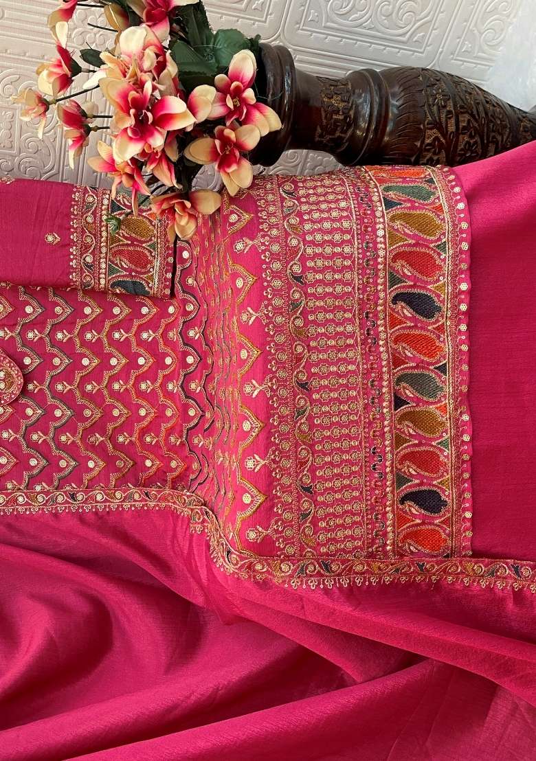 Pink Embroidered Chinnon Sharara Set With Dupatta - Indya