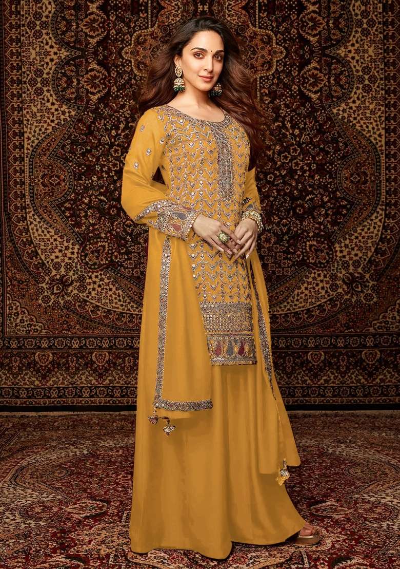Yellow Embroidered Chinnon Sharara Set With Dupatta - Indya