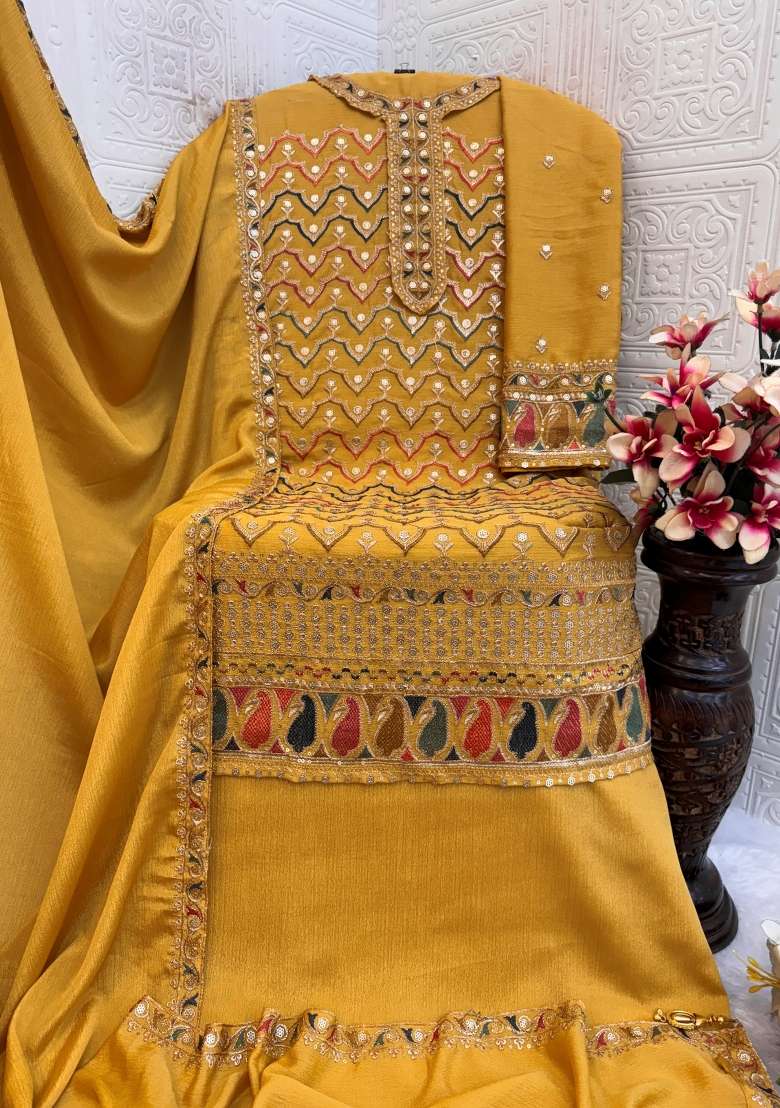 Yellow Embroidered Chinnon Sharara Set With Dupatta - Indya