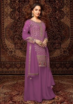 Light Purple Embroidered Chinnon Sharara Set With Dupatta
