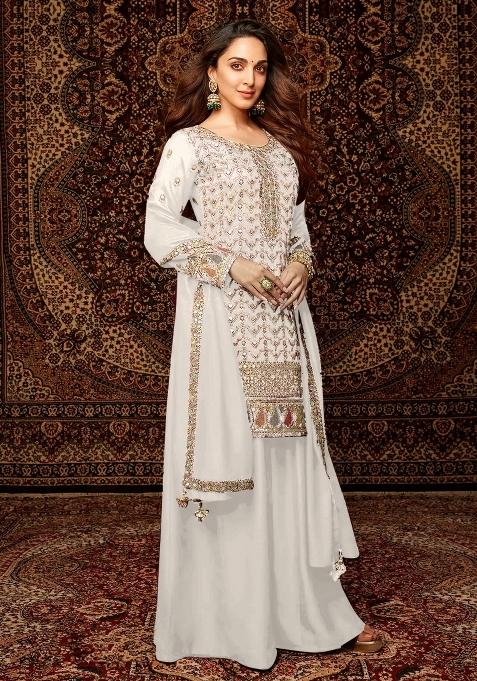 White Embroidered Chinnon Sharara Set With Dupatta