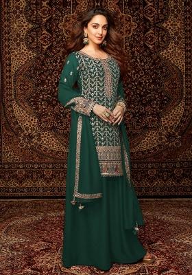 Green Embroidered Chinnon Sharara Set With Dupatta