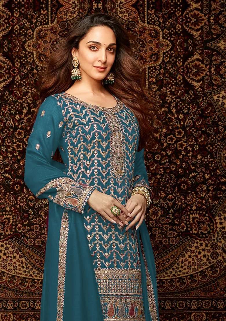 Rama Green Embroidered Chinnon Sharara Set With Dupatta - Indya