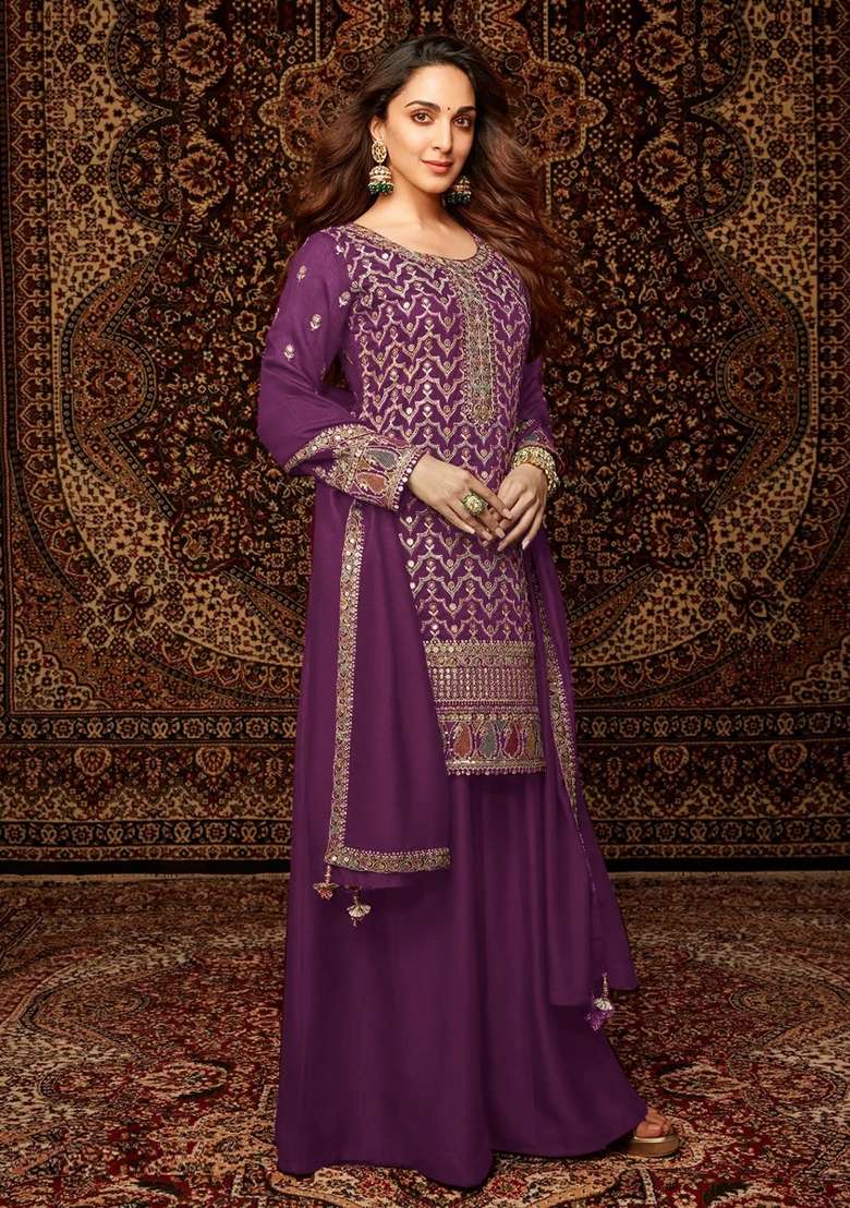 Purple Embroidered Chinnon Sharara Set With Dupatta - Indya