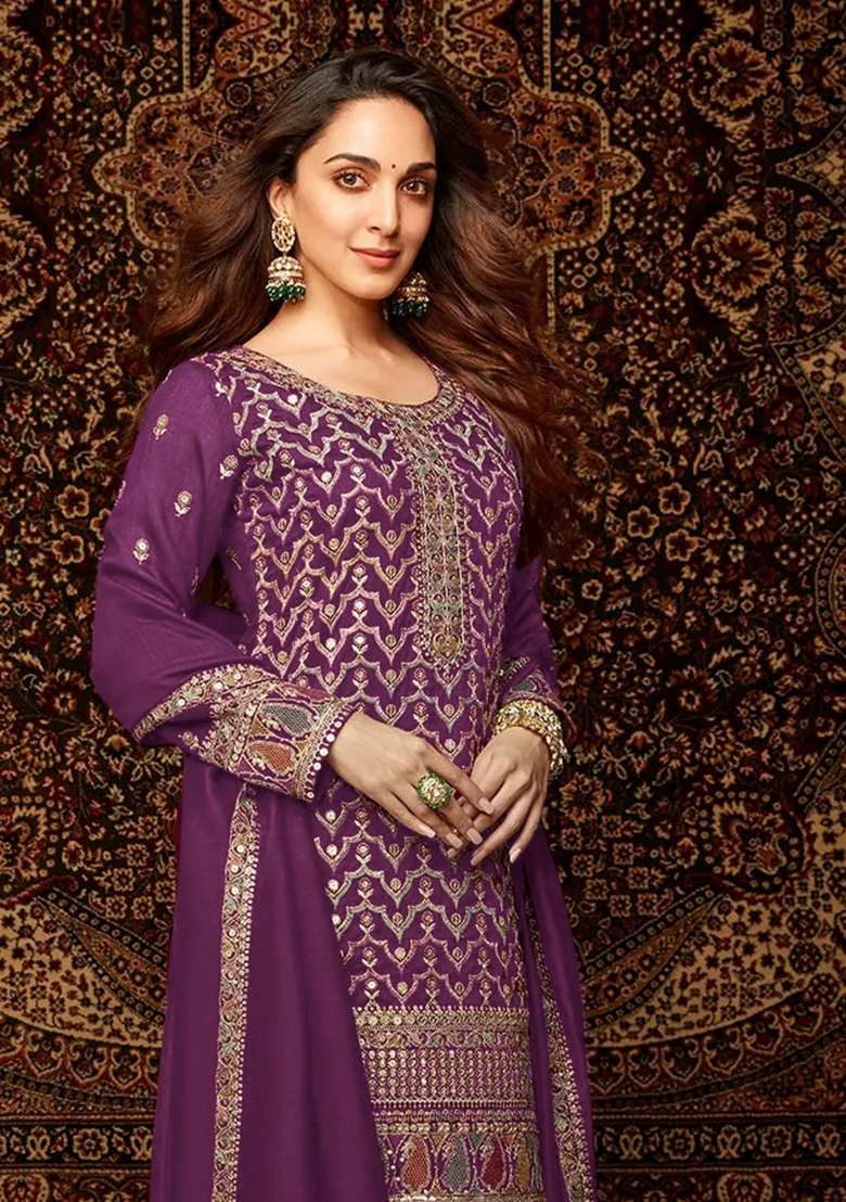 Purple Embroidered Chinnon Sharara Set With Dupatta - Indya