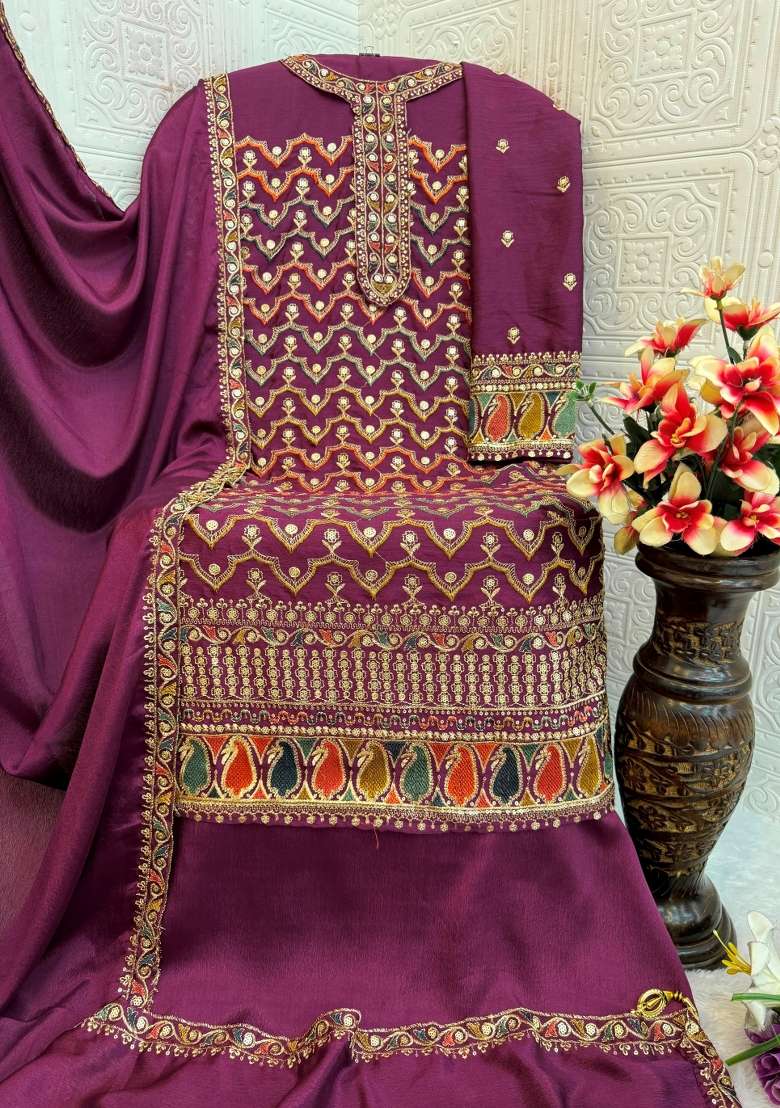 Purple Embroidered Chinnon Sharara Set With Dupatta - Indya