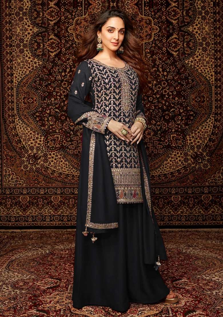 Black Embroidered Chinnon Sharara Set With Dupatta - Indya