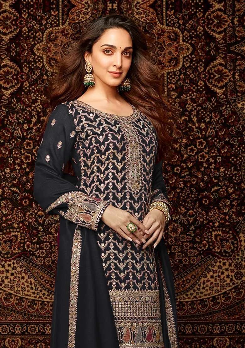 Black Embroidered Chinnon Sharara Set With Dupatta - Indya
