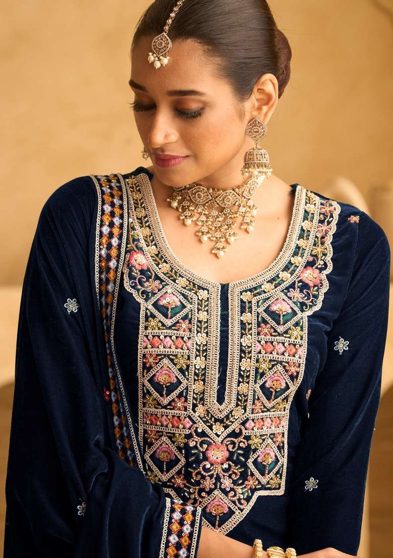 Blue Embroidered Velvet Sharara Set With Dupatta - Indya